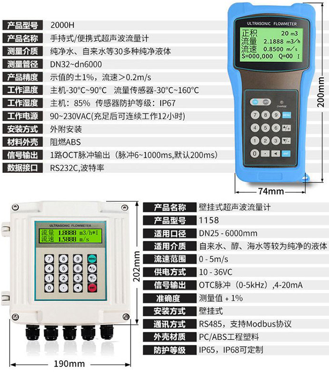 管段式超聲波流量計技術參數對照表